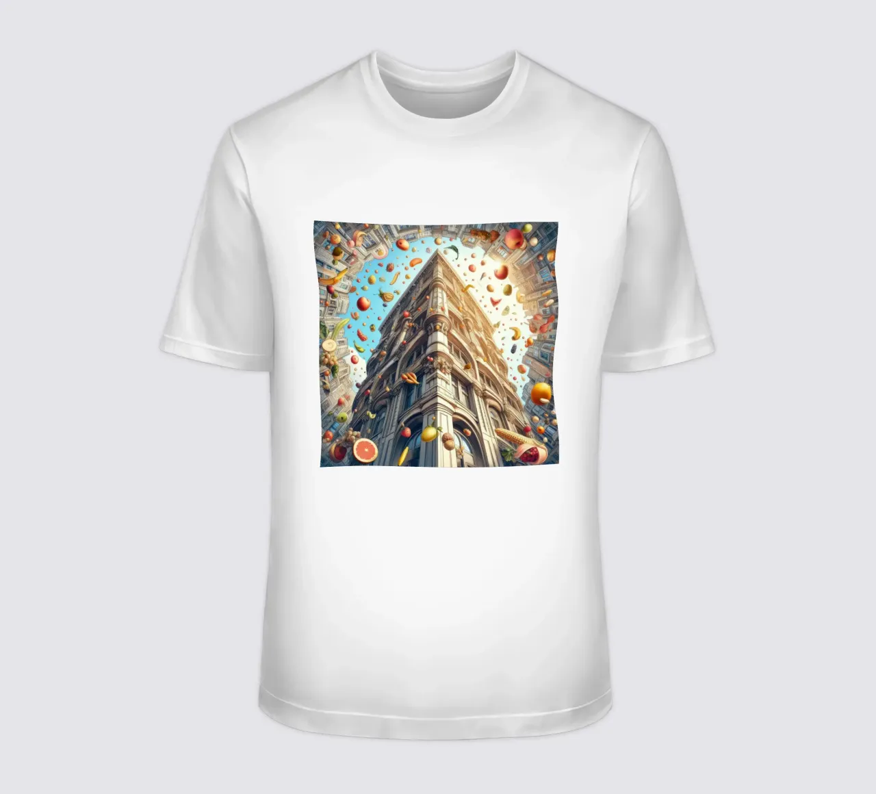 Sphere 047 - Surreal Building With Floating Fruits t-shirt da Spheres