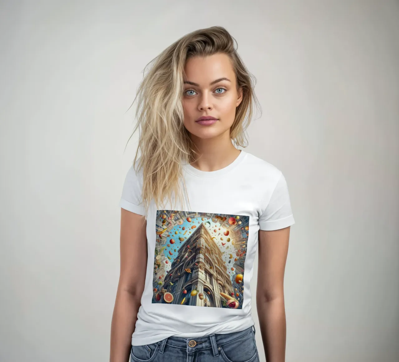 Sphere 047 - Surreal Building With Floating Fruits t-shirt da donna da Spheres
