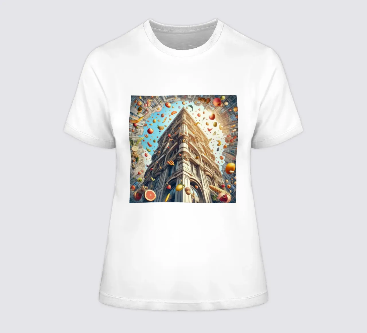 Sphere 047 - Surreal Building With Floating Fruits t-shirt da donna da Spheres