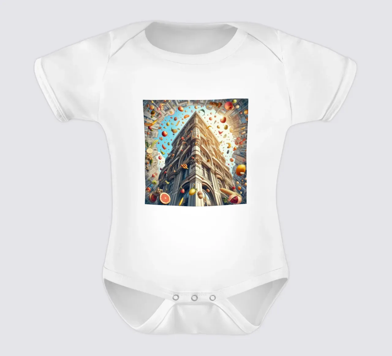 Sphere 047 - Surreal Building With Floating Fruits Kurzarm Babybody von Spheres