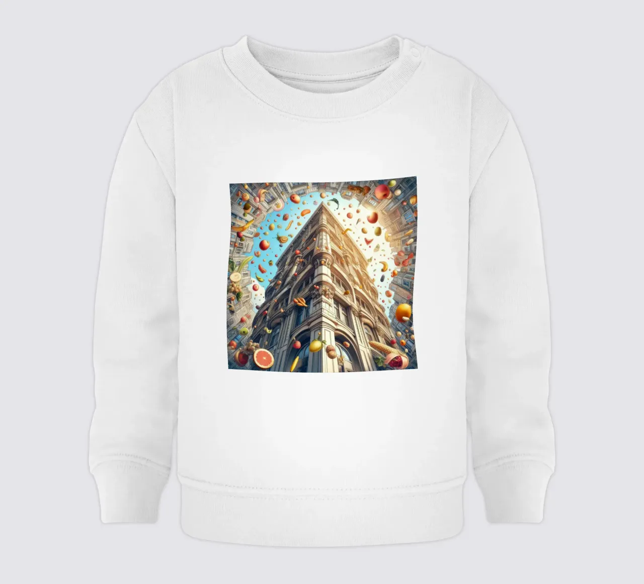 Sphere 047 - Surreal Building With Floating Fruits felpa neonato da Spheres