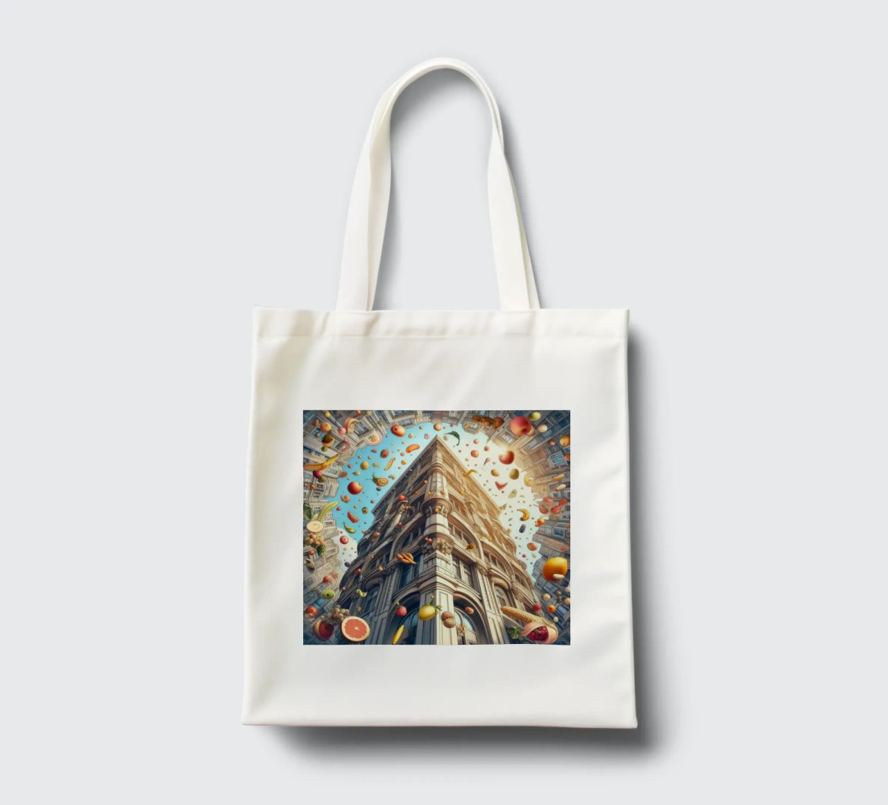 Sphere 047 - Surreal Building With Floating Fruits borsa in juta da Spheres