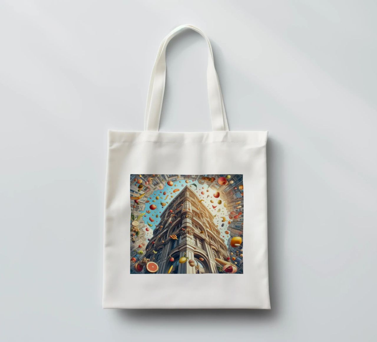 Sphere 047 - Surreal Building With Floating Fruits borsa in juta da Spheres