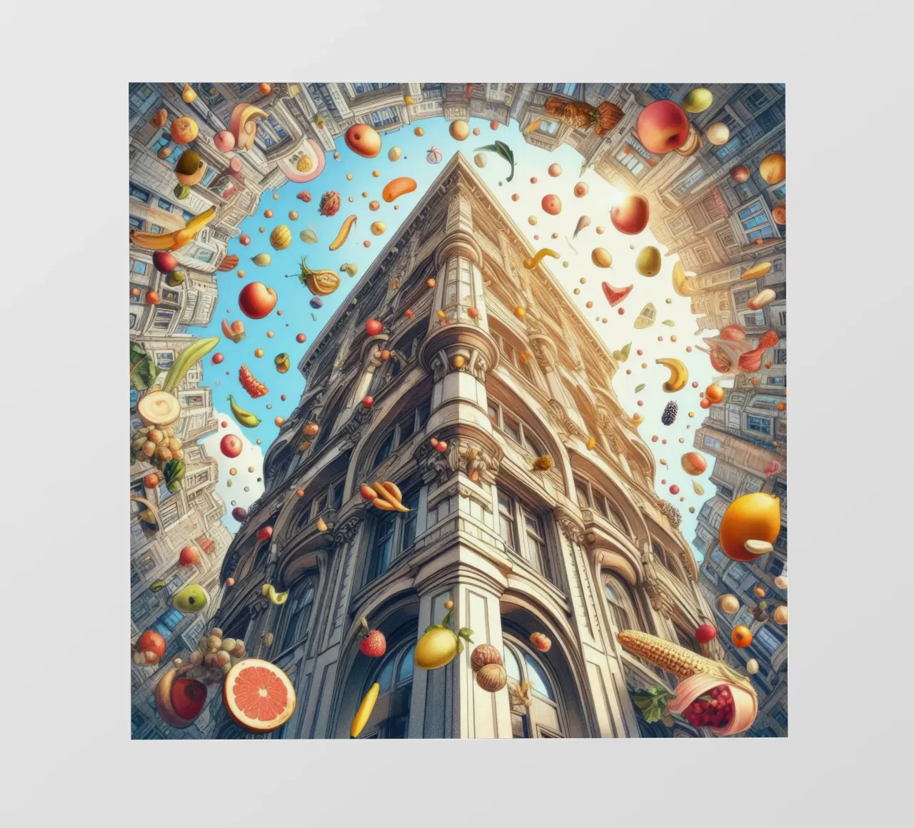 Sphere 047 - Surreal Building With Floating Fruits Backlit Folie von Spheres
