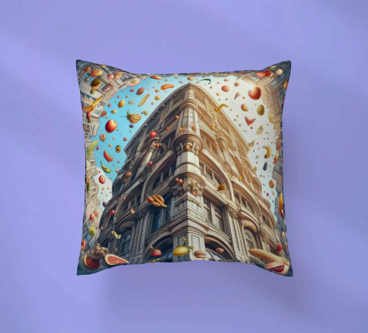 Sphere 047 - Surreal Building With Floating Fruits cuscino da Spheres