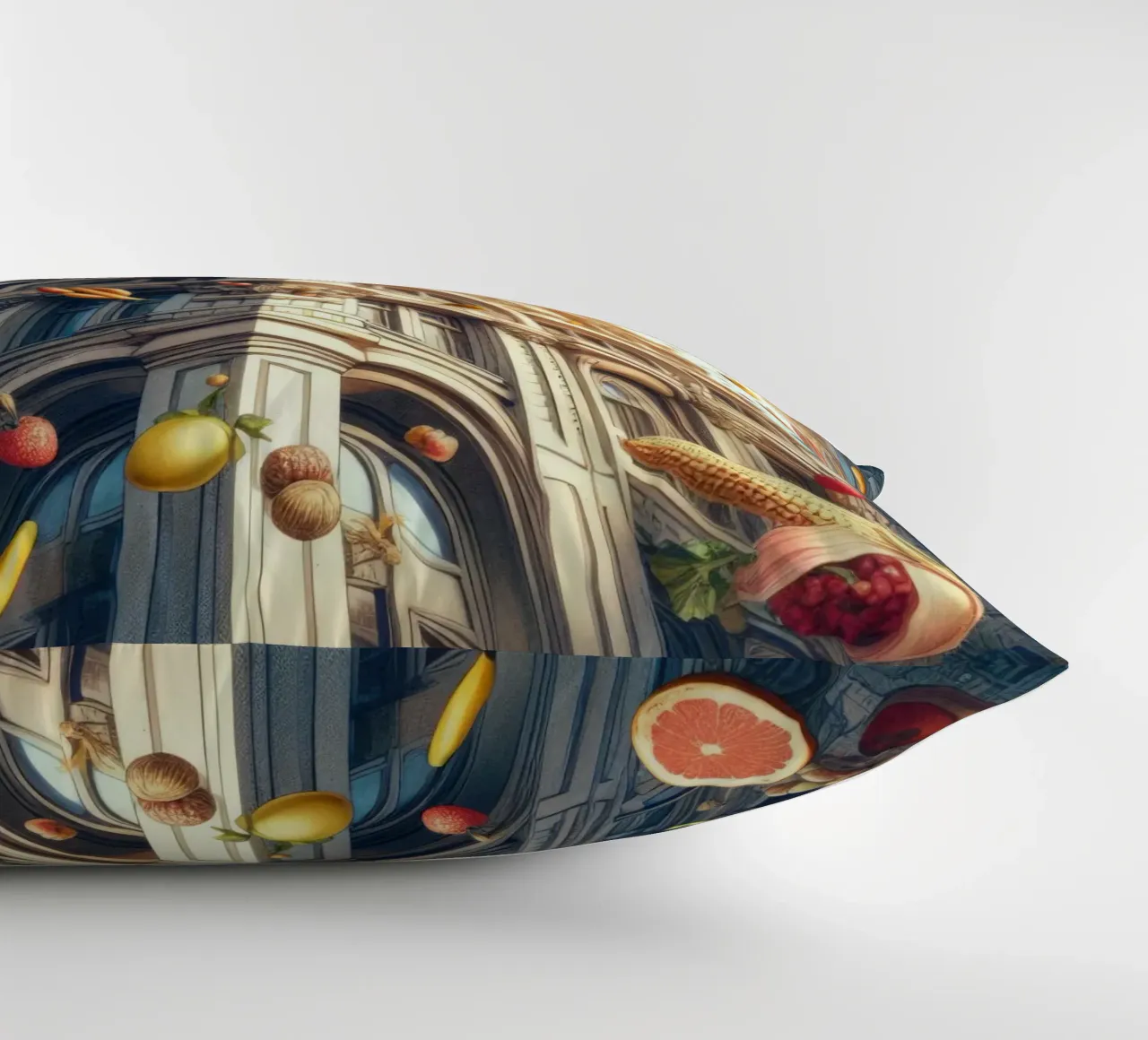 Sphere 047 - Surreal Building With Floating Fruits cuscino da Spheres