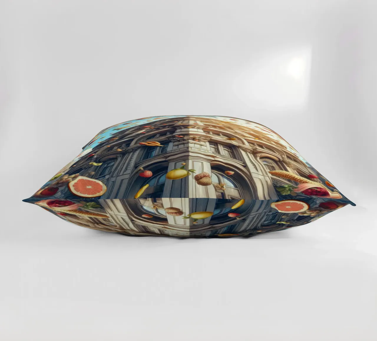 Sphere 047 - Surreal Building With Floating Fruits cuscino da Spheres