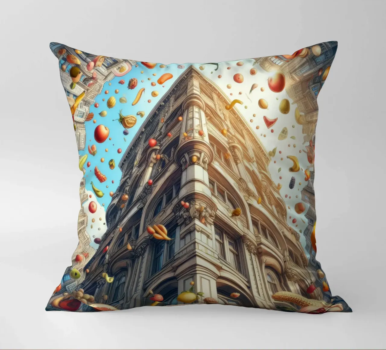 Sphere 047 - Surreal Building With Floating Fruits cuscino da Spheres