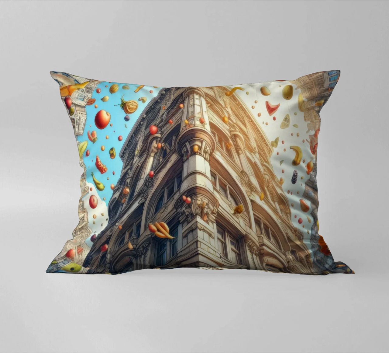 Sphere 047 - Surreal Building With Floating Fruits cuscino da Spheres