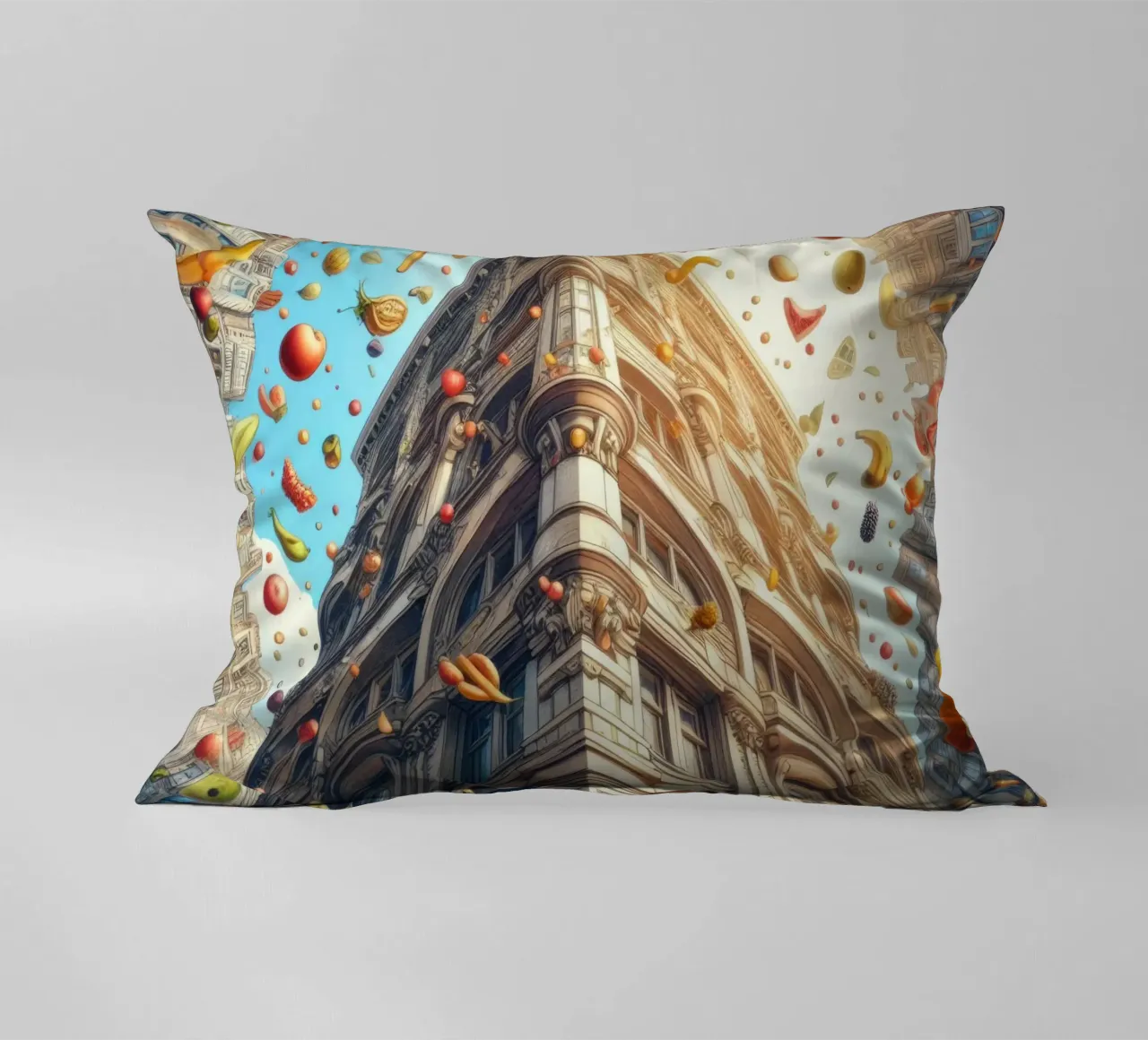 Sphere 047 - Surreal Building With Floating Fruits cuscino da Spheres