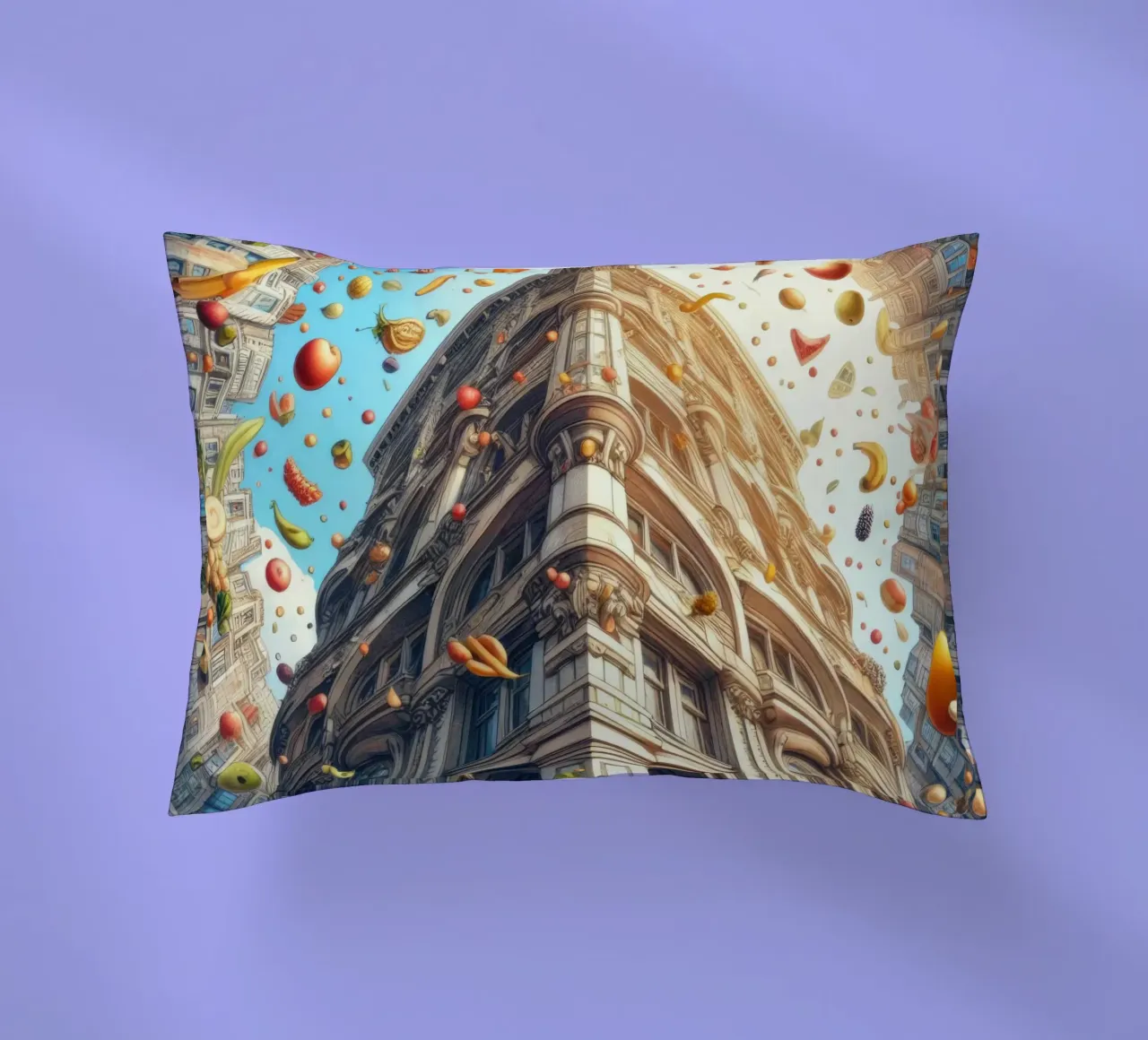 Sphere 047 - Surreal Building With Floating Fruits cuscino da Spheres