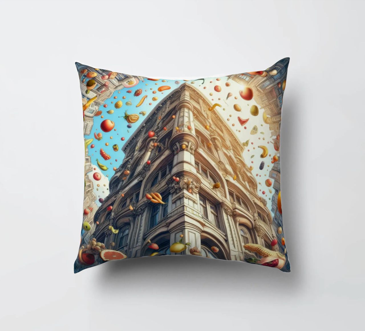 Sphere 047 - Surreal Building With Floating Fruits cuscino da Spheres
