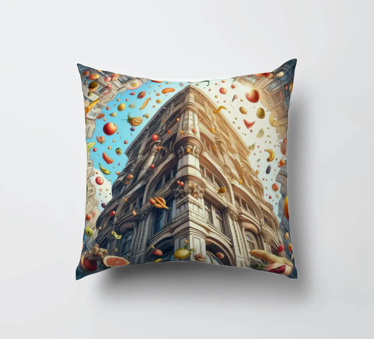 Sphere 047 - Surreal Building With Floating Fruits cuscino da Spheres