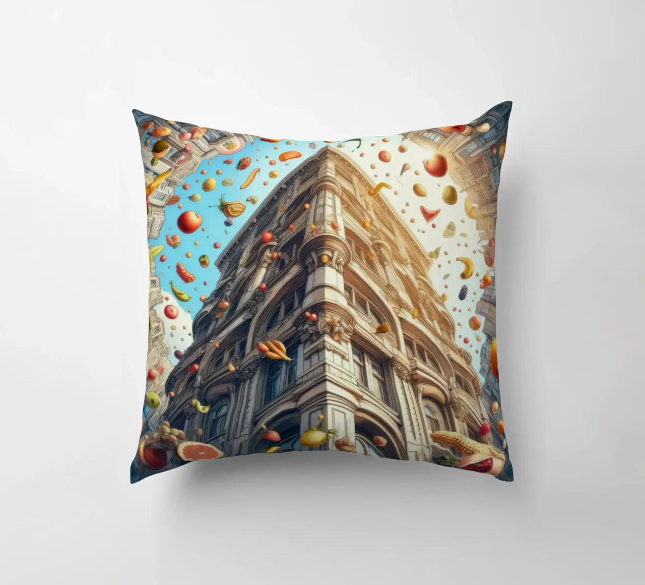 Sphere 047 - Surreal Building With Floating Fruits cuscino da Spheres