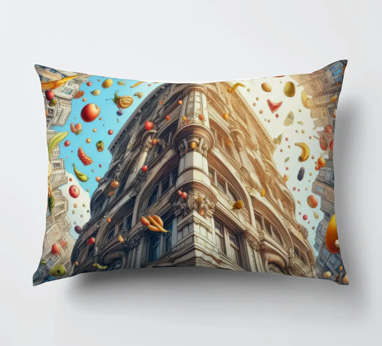 Sphere 047 - Surreal Building With Floating Fruits cuscino da Spheres