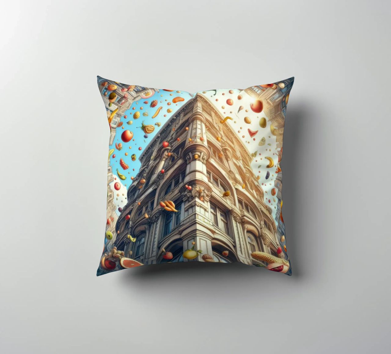 Sphere 047 - Surreal Building With Floating Fruits cuscino da Spheres