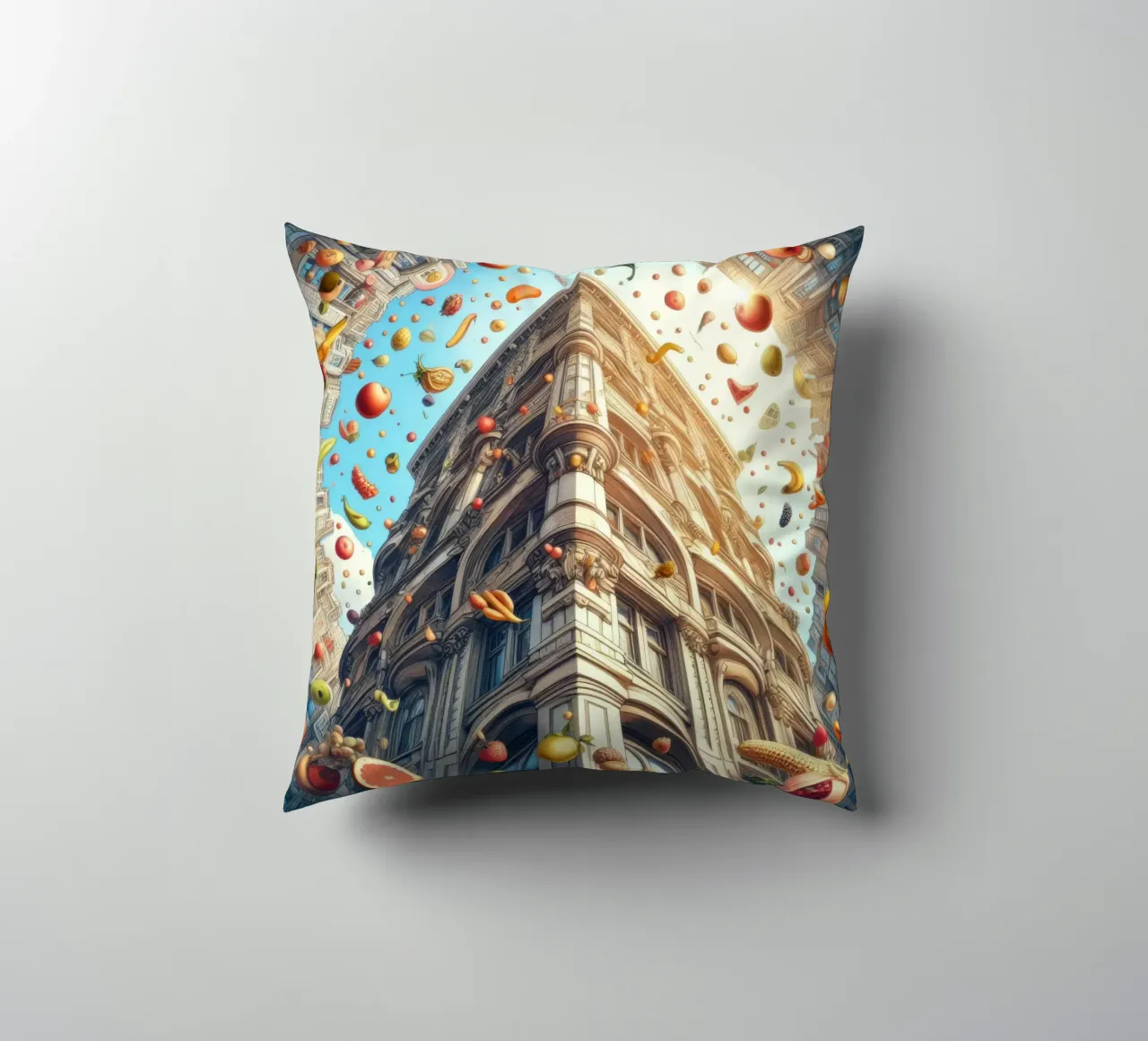 Sphere 047 - Surreal Building With Floating Fruits cuscino da Spheres