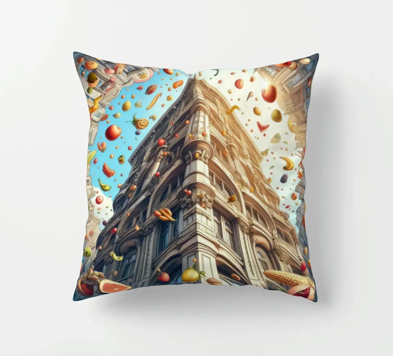 Sphere 047 - Surreal Building With Floating Fruits cuscino da Spheres