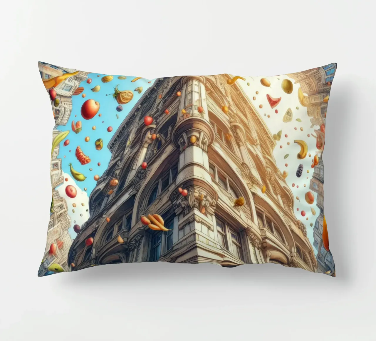 Sphere 047 - Surreal Building With Floating Fruits cuscino da Spheres