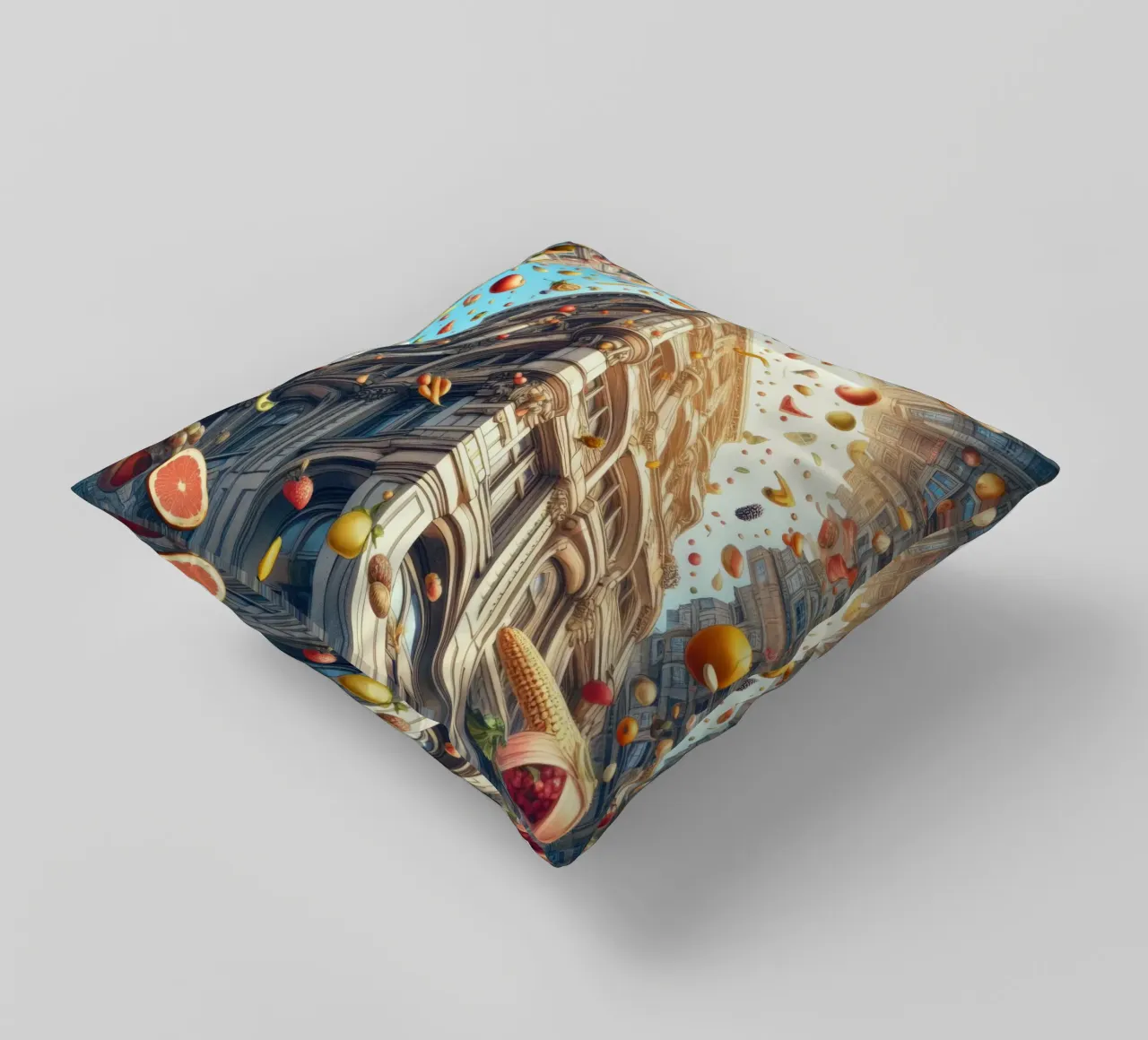 Sphere 047 - Surreal Building With Floating Fruits cuscino da Spheres