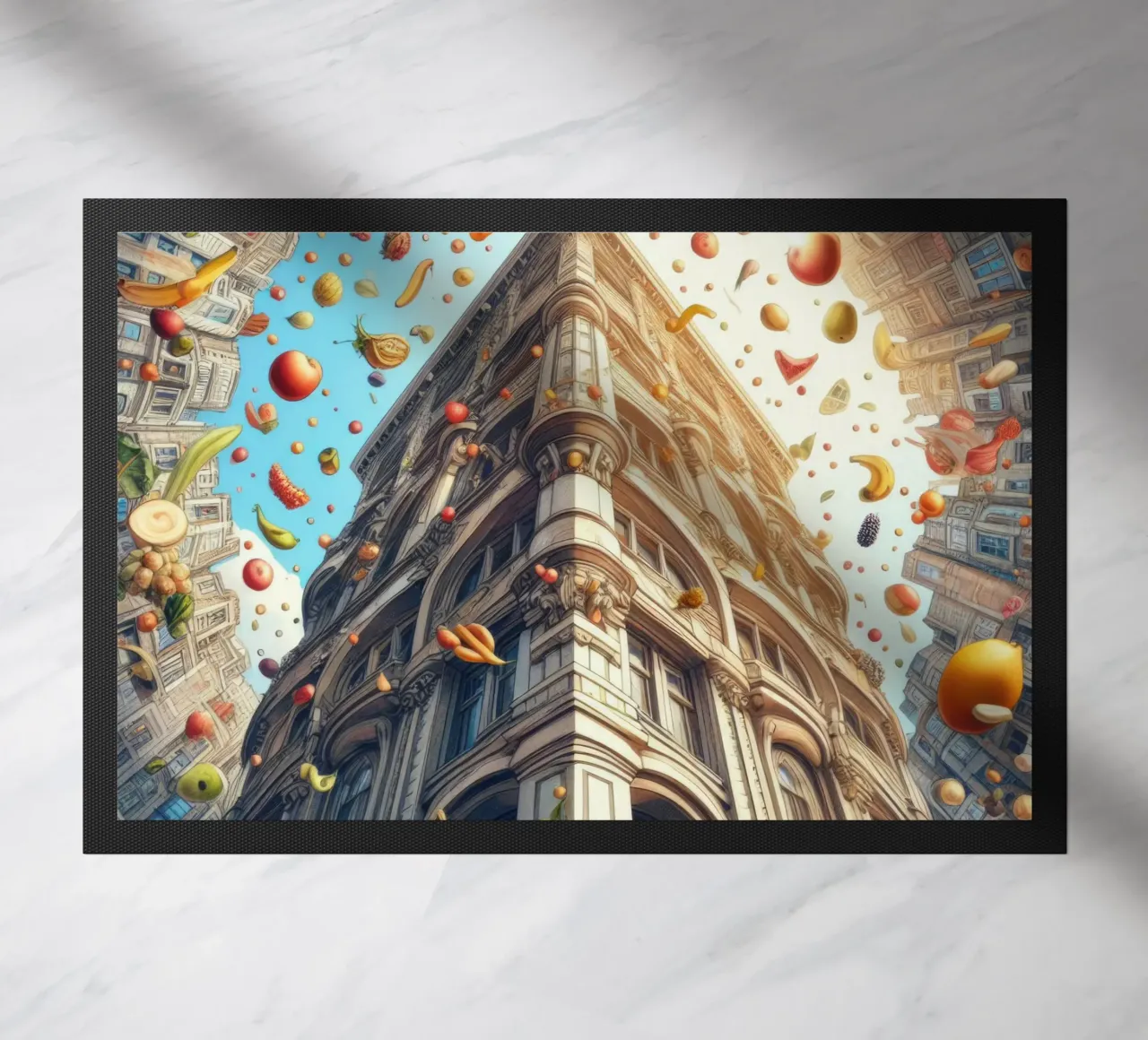 Sphere 047 - Surreal Building With Floating Fruits Fußmatte von Spheres