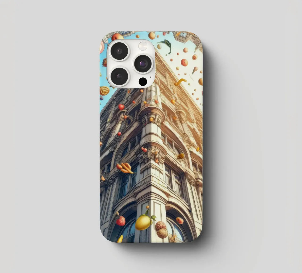 Sphere 047 - Surreal Building With Floating Fruits cover iphone da Spheres