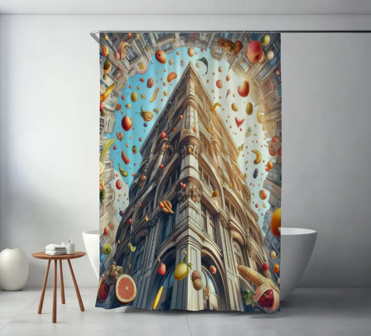 Sphere 047 - Surreal Building With Floating Fruits douchegordijn van Spheres