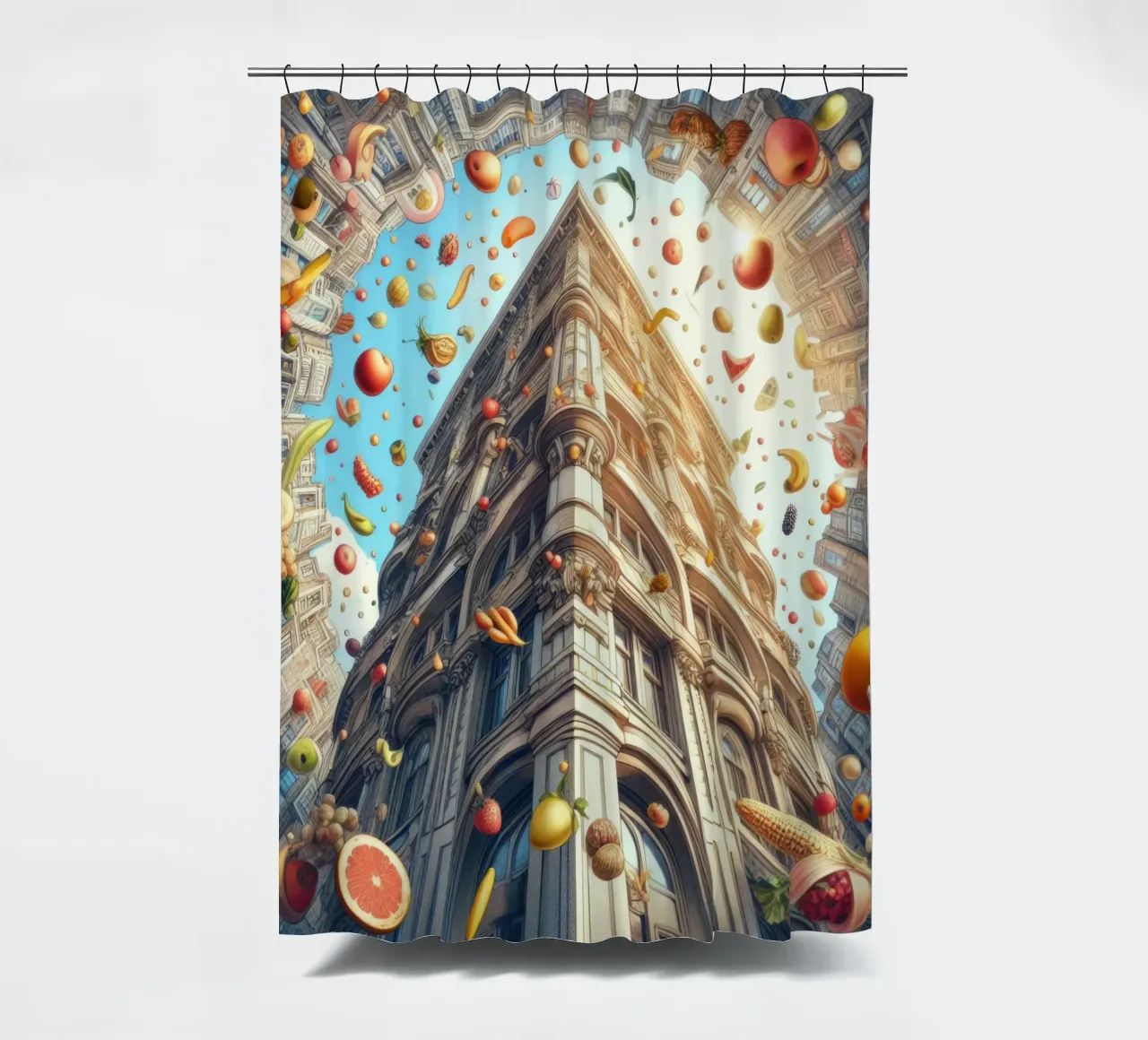 Sphere 047 - Surreal Building With Floating Fruits Duschvorhang von Spheres