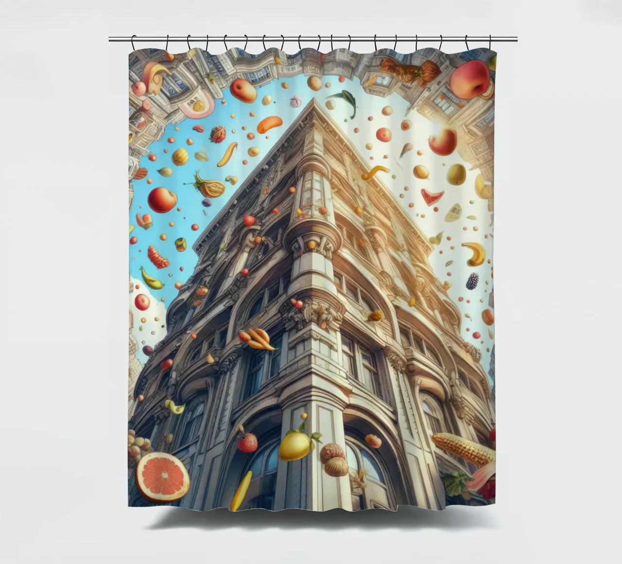 Sphere 047 - Surreal Building With Floating Fruits douchegordijn van Spheres