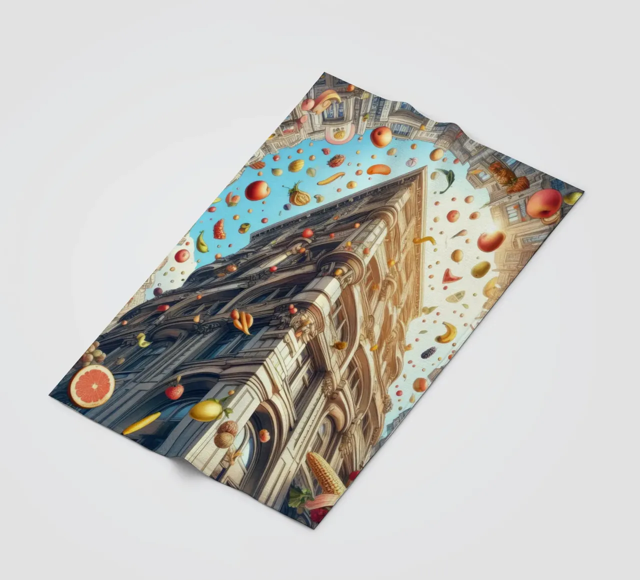 Sphere 047 - Surreal Building With Floating Fruits coperta in pile da Spheres