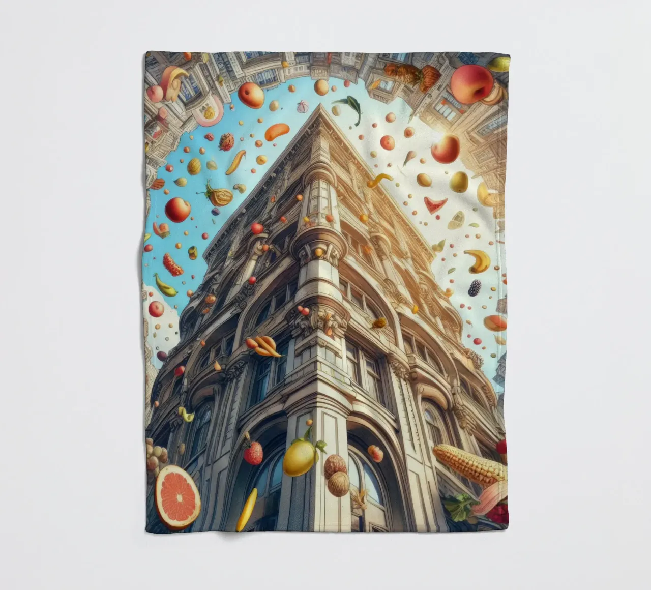 Sphere 047 - Surreal Building With Floating Fruits coperta in pile da Spheres