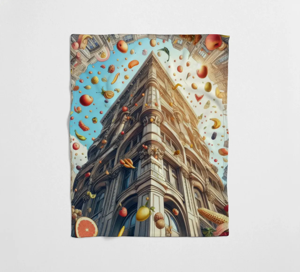 Sphere 047 - Surreal Building With Floating Fruits coperta in pile da Spheres