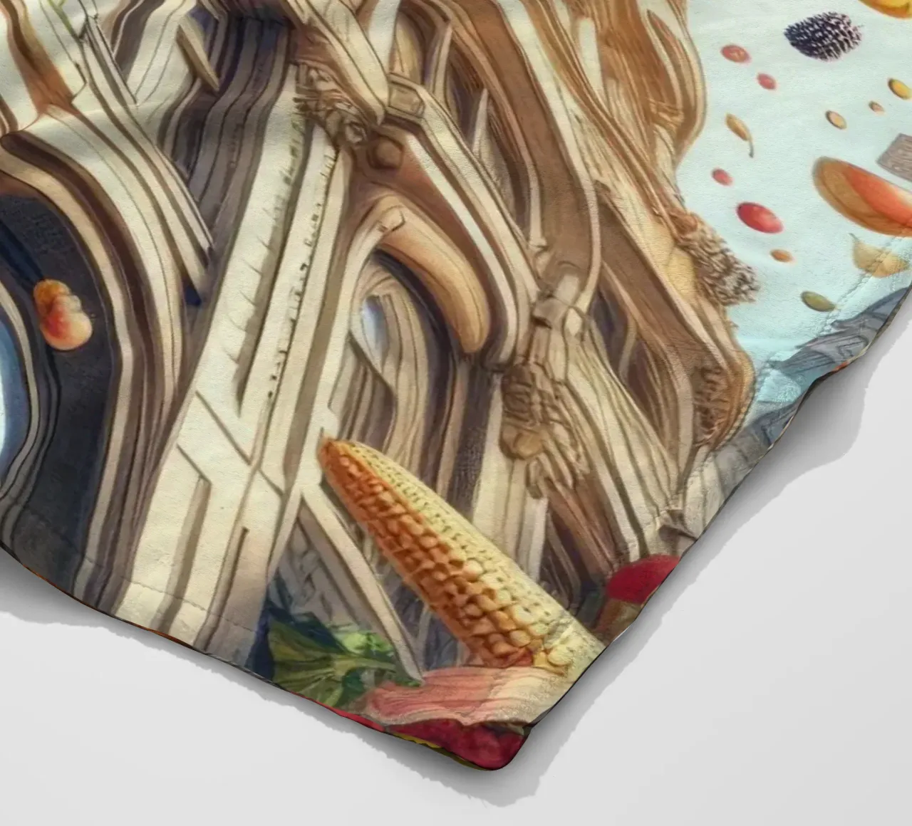 Sphere 047 - Surreal Building With Floating Fruits coperta in pile da Spheres