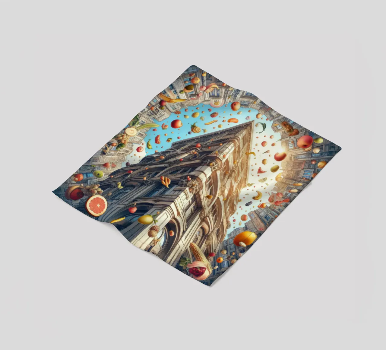 Sphere 047 - Surreal Building With Floating Fruits coperta in pile da Spheres