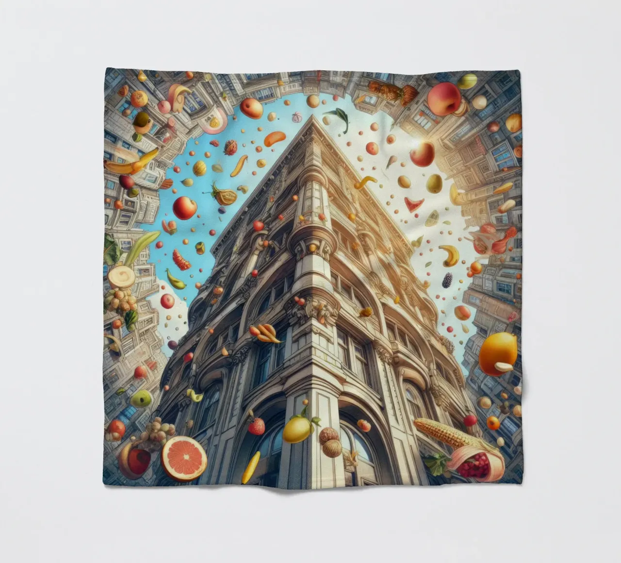 Sphere 047 - Surreal Building With Floating Fruits coperta in pile da Spheres