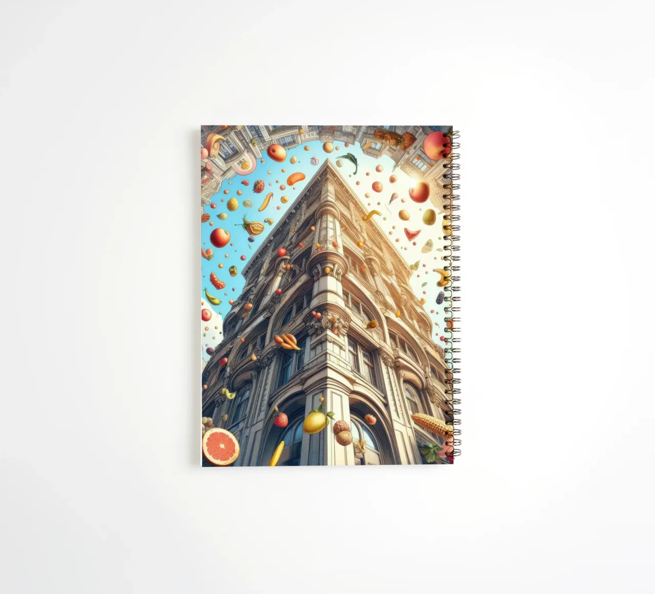 Sphere 047 - Surreal Building With Floating Fruits spiral notebook by Spheres