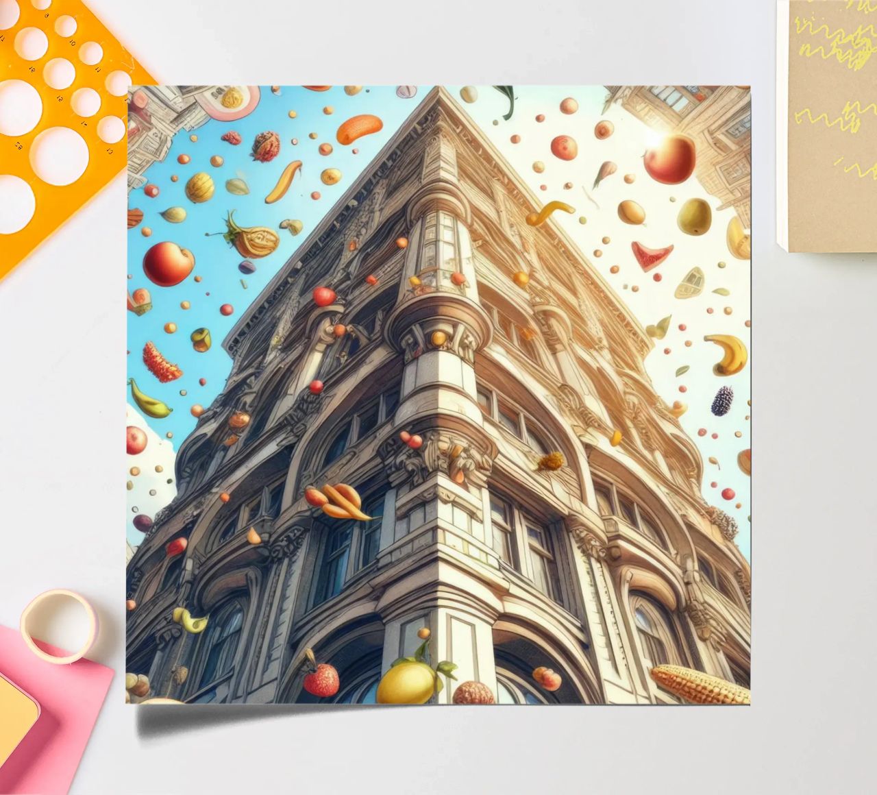 Sphere 047 - Surreal Building With Floating Fruits foglio adesivo da Spheres