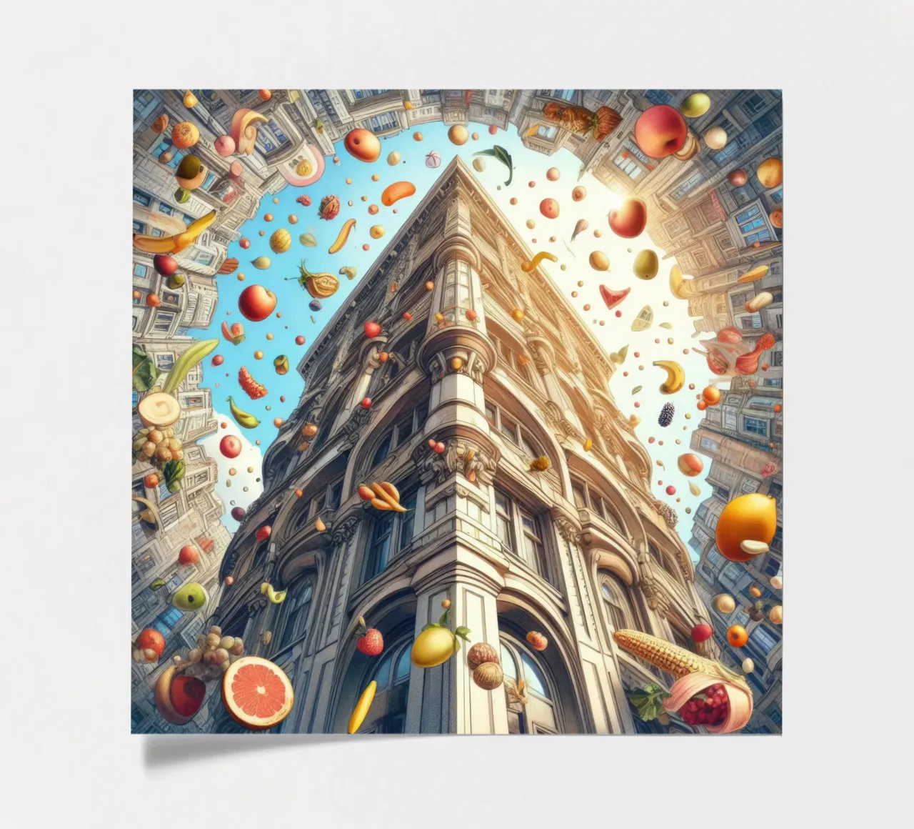 Sphere 047 - Surreal Building With Floating Fruits Stickerbogen von Spheres