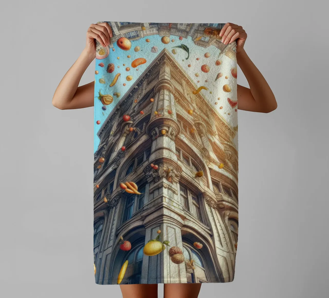 Sphere 047 - Surreal Building With Floating Fruits towel by Spheres