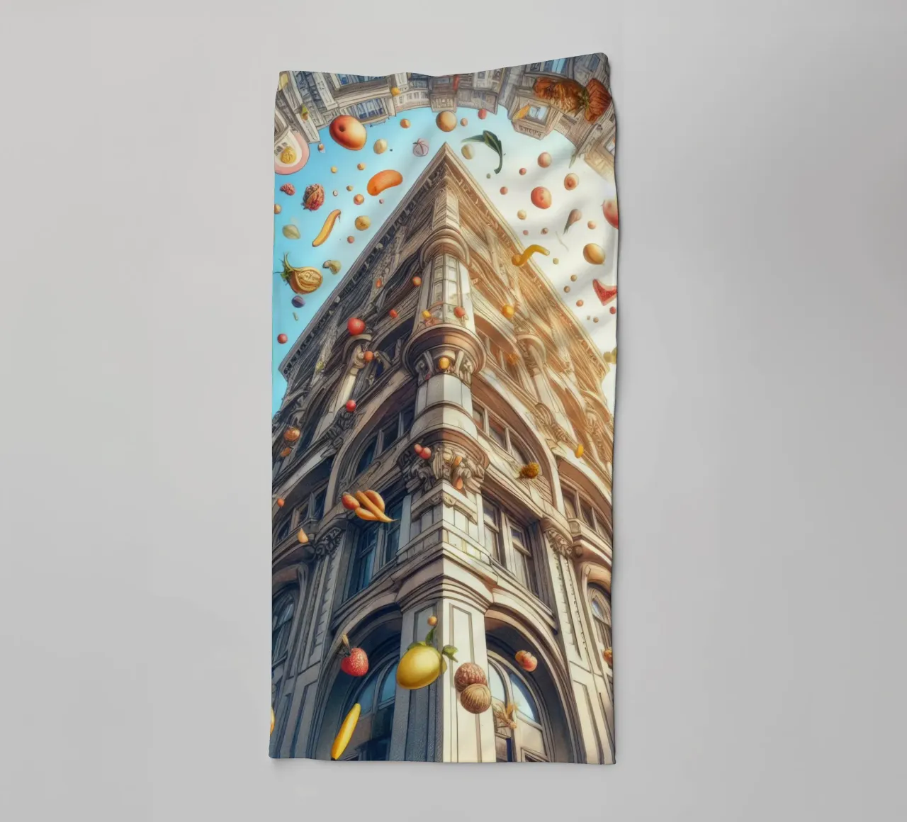 Sphere 047 - Surreal Building With Floating Fruits towel by Spheres