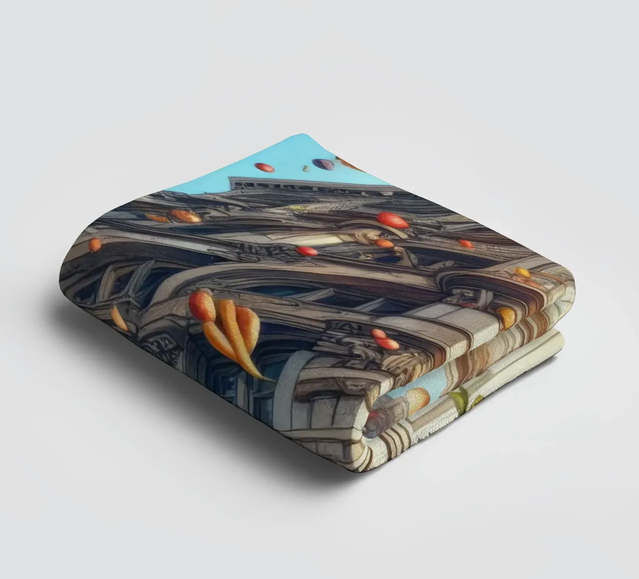 Sphere 047 - Surreal Building With Floating Fruits towel by Spheres