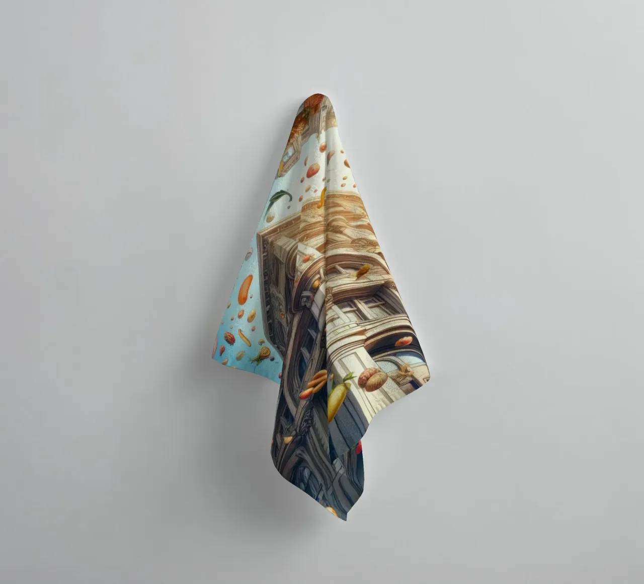 Sphere 047 - Surreal Building With Floating Fruits towel by Spheres