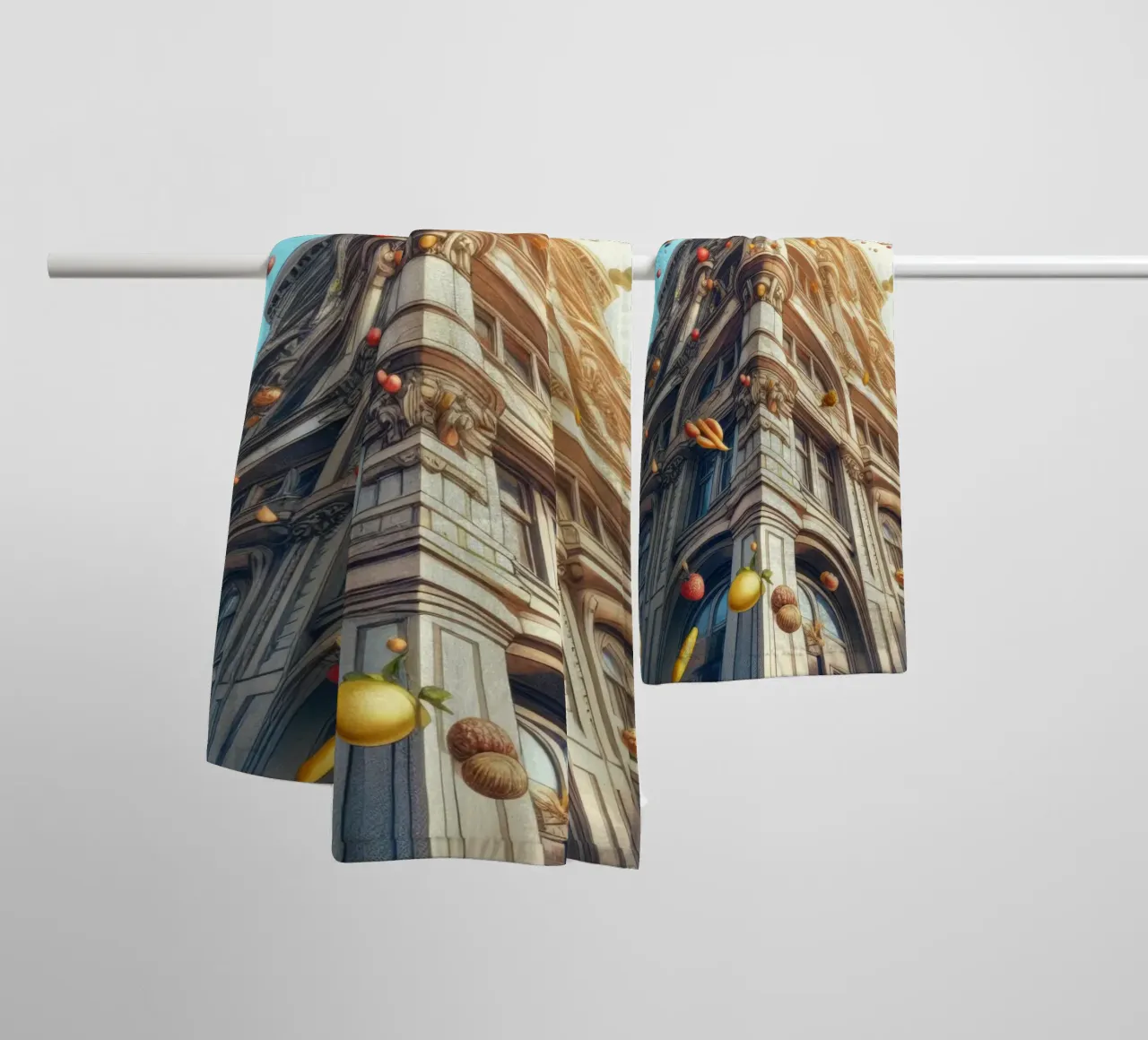 Sphere 047 - Surreal Building With Floating Fruits towel by Spheres