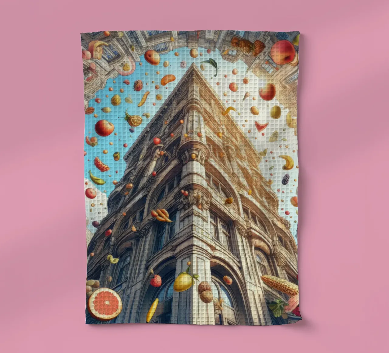 Sphere 047 - Surreal Building With Floating Fruits paño de cocina de Spheres