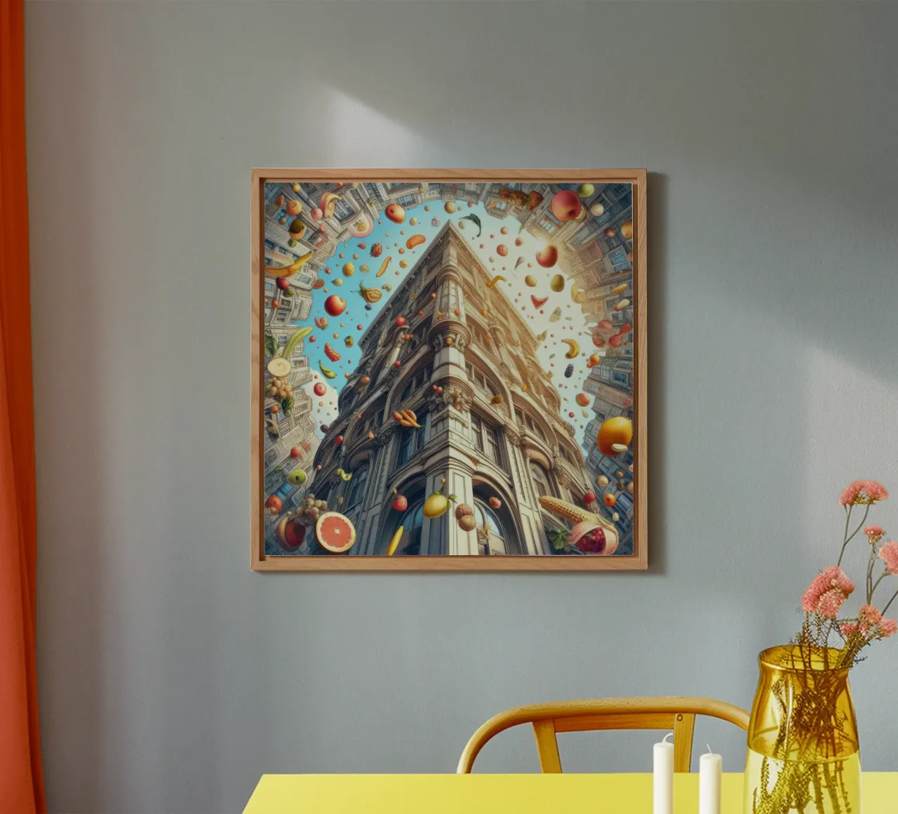 Sphere 047 - Surreal Building With Floating Fruits alluminio dibond da Spheres