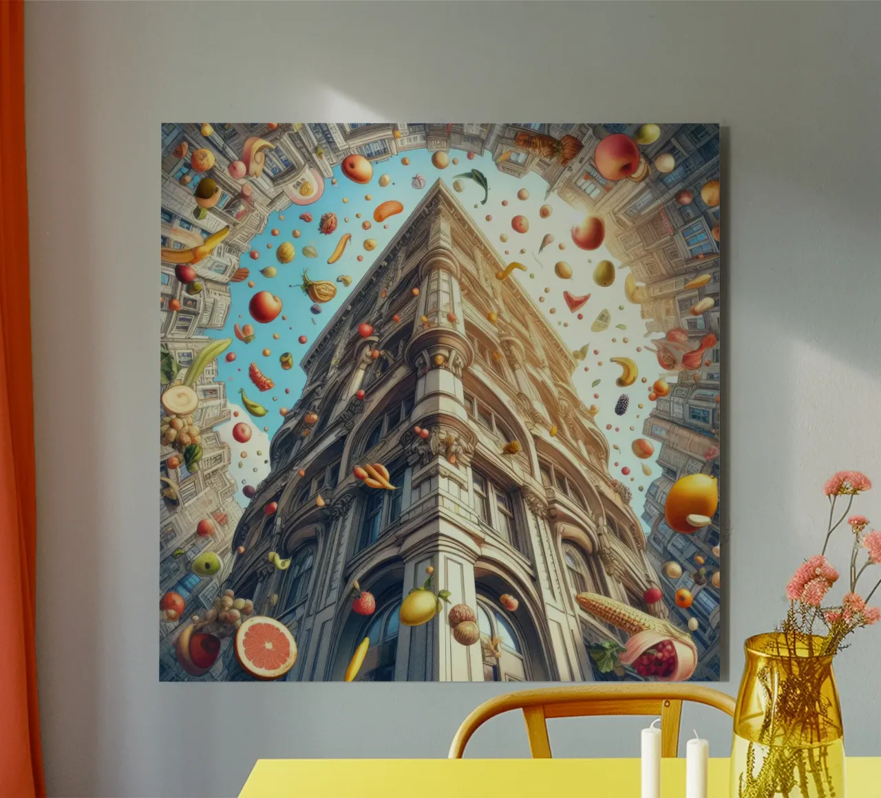 Sphere 047 - Surreal Building With Floating Fruits alluminio dibond da Spheres