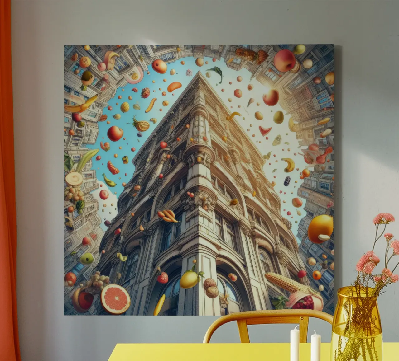 Sphere 047 - Surreal Building With Floating Fruits Leinwand von Spheres
