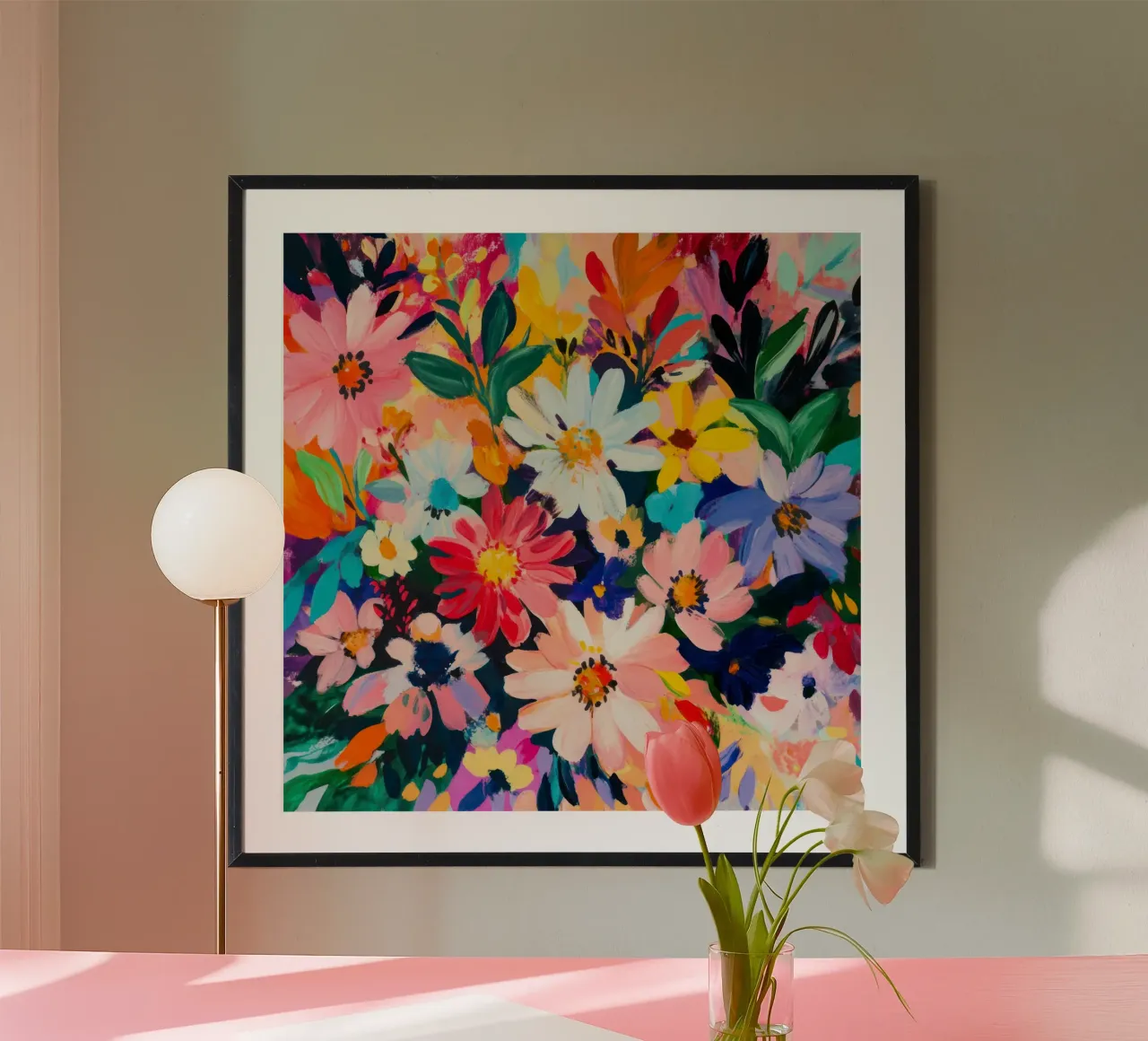 Bloemblaadjes in beweging poster met kunststof frame van Modern Muse