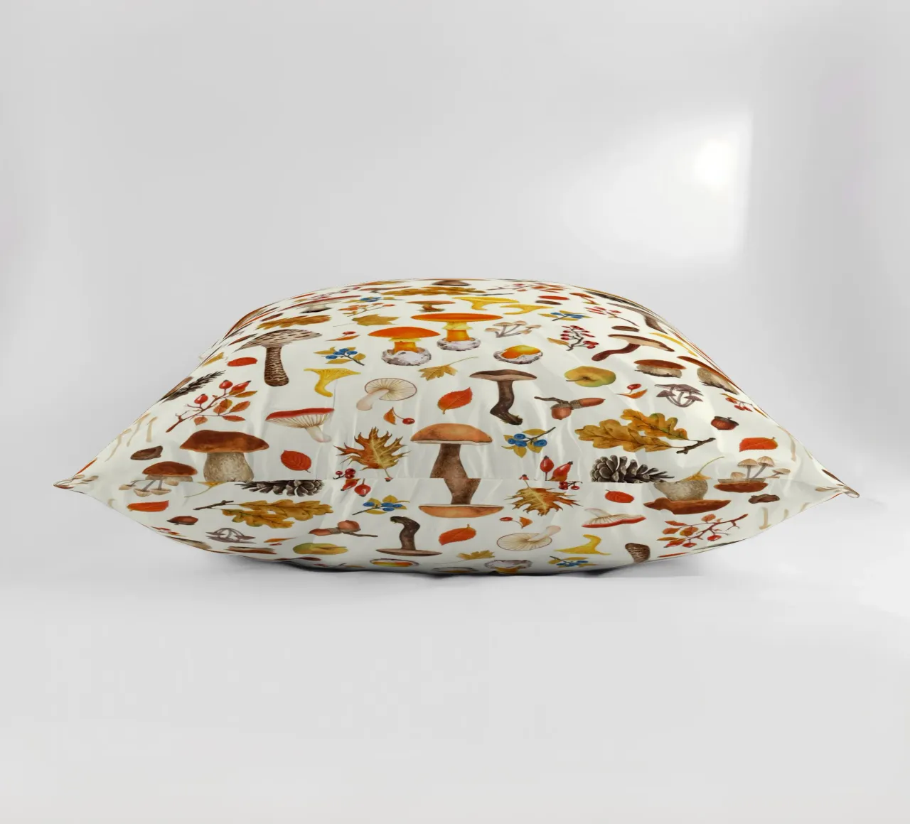 Wild mushrooms on off white decorative cushion by Painted Nature