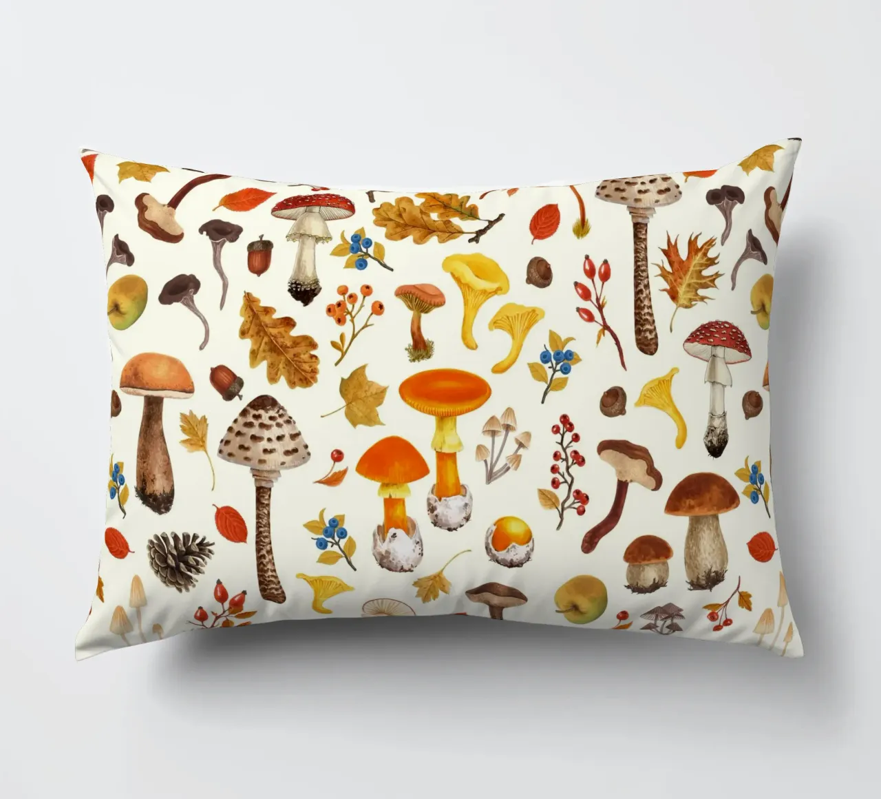 Wild mushrooms on off white decorative cushion by Painted Nature